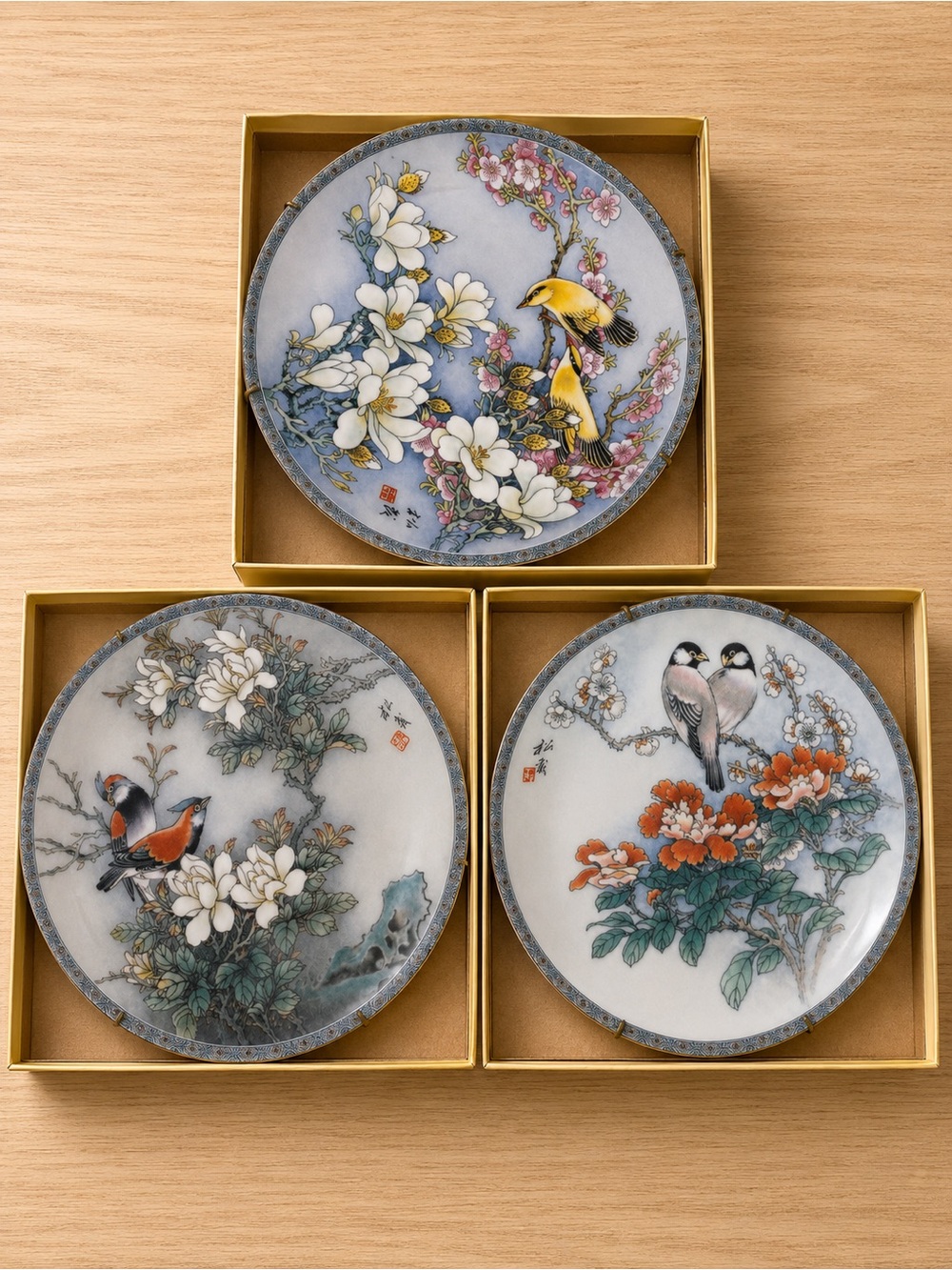 VINTAGE IMPERIAL JINGDEZHEN PORCELAIN PLATES
SET OF 3 birds and flowers art work